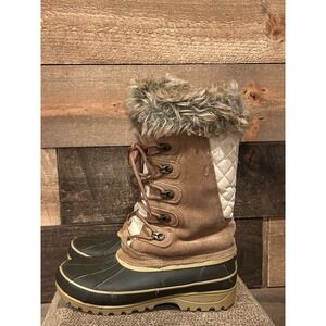 Khombu Allie Duck Boots Winter Quilted Faux Fur‎ Tan Cream Olive Women's Size 6M